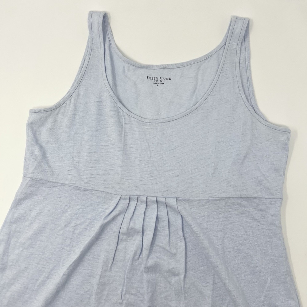 Eileen Fisher Sleeveless Linen Tank Top Blouse Baby Blue Pleat Detail Round Neck